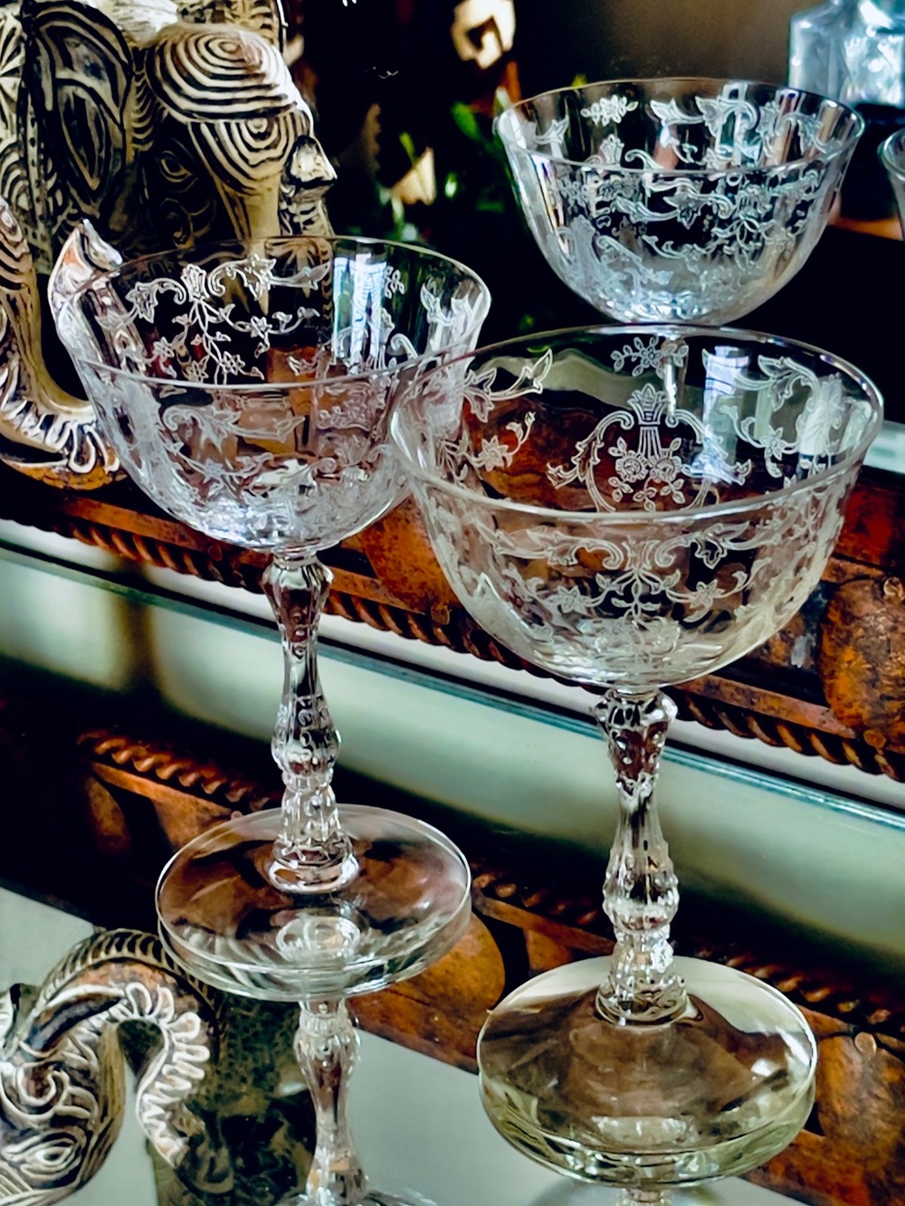 Set of 2 Vintage Fostoria Hand Blown Crystal Cocktail Glasses w/ Flutted Bowls